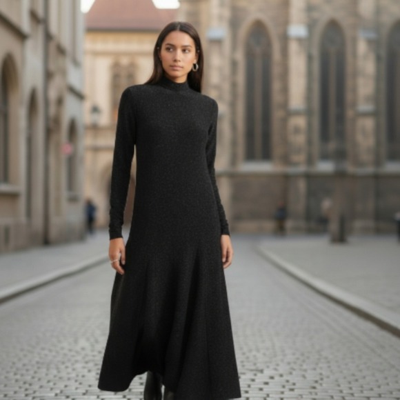 Ganni Dresses & Skirts - Ganni Baxter Sparkle Mock Neck Maxi Dress Brown Black Metallic‎ Long Sleeve XS/S